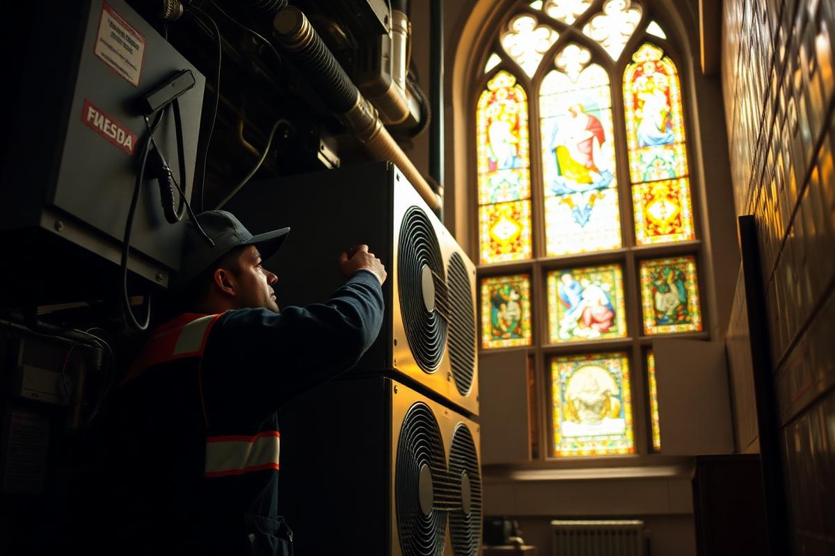 Maintenance worker servicing an HVAC unit in a church mechanical area