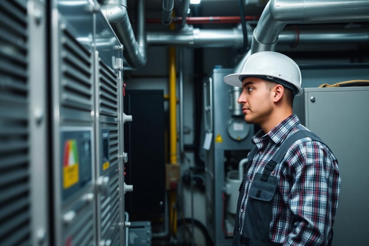 Technician servicing equipment in a building mechanical room