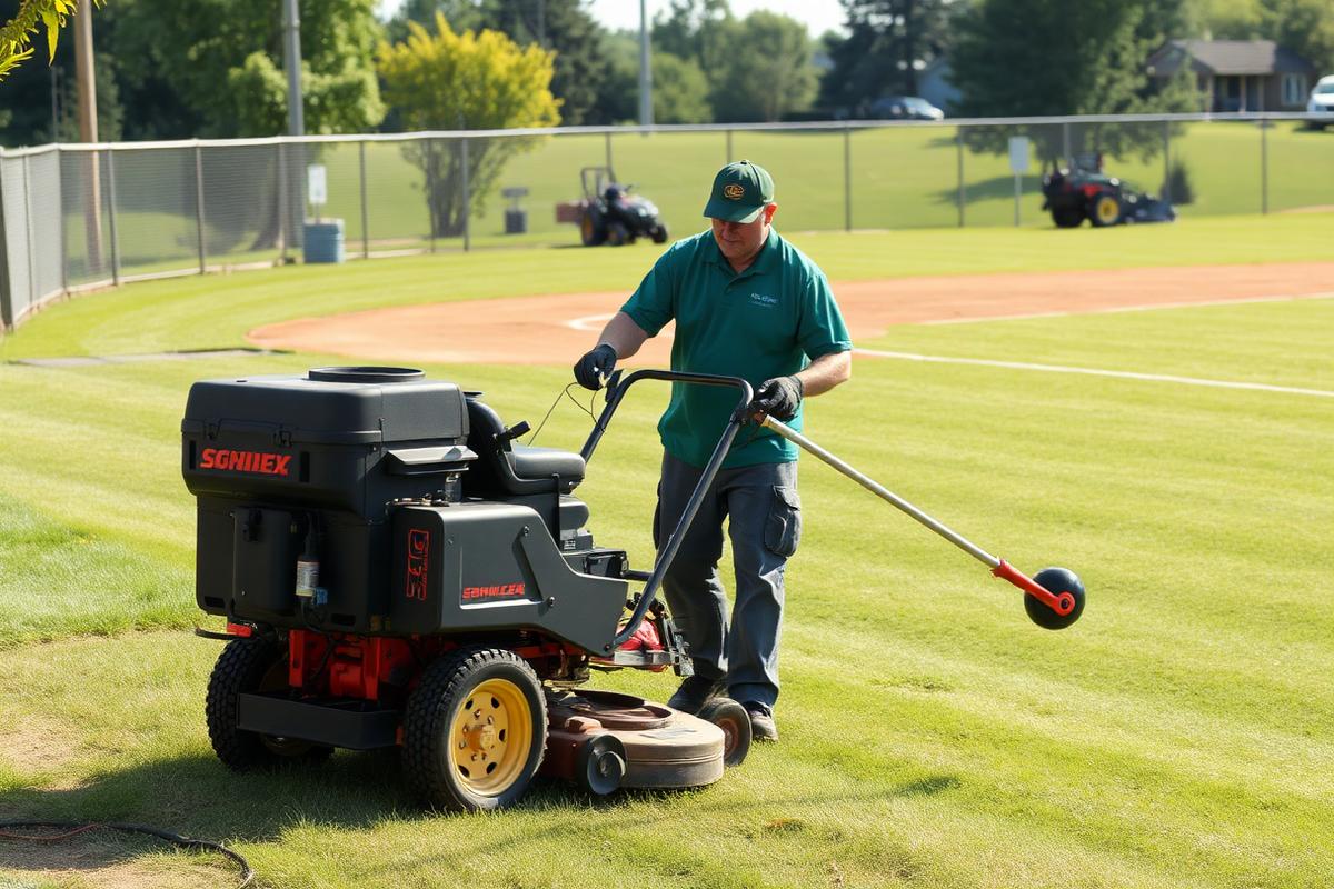 Grounds crew maintaining a municipal ball field