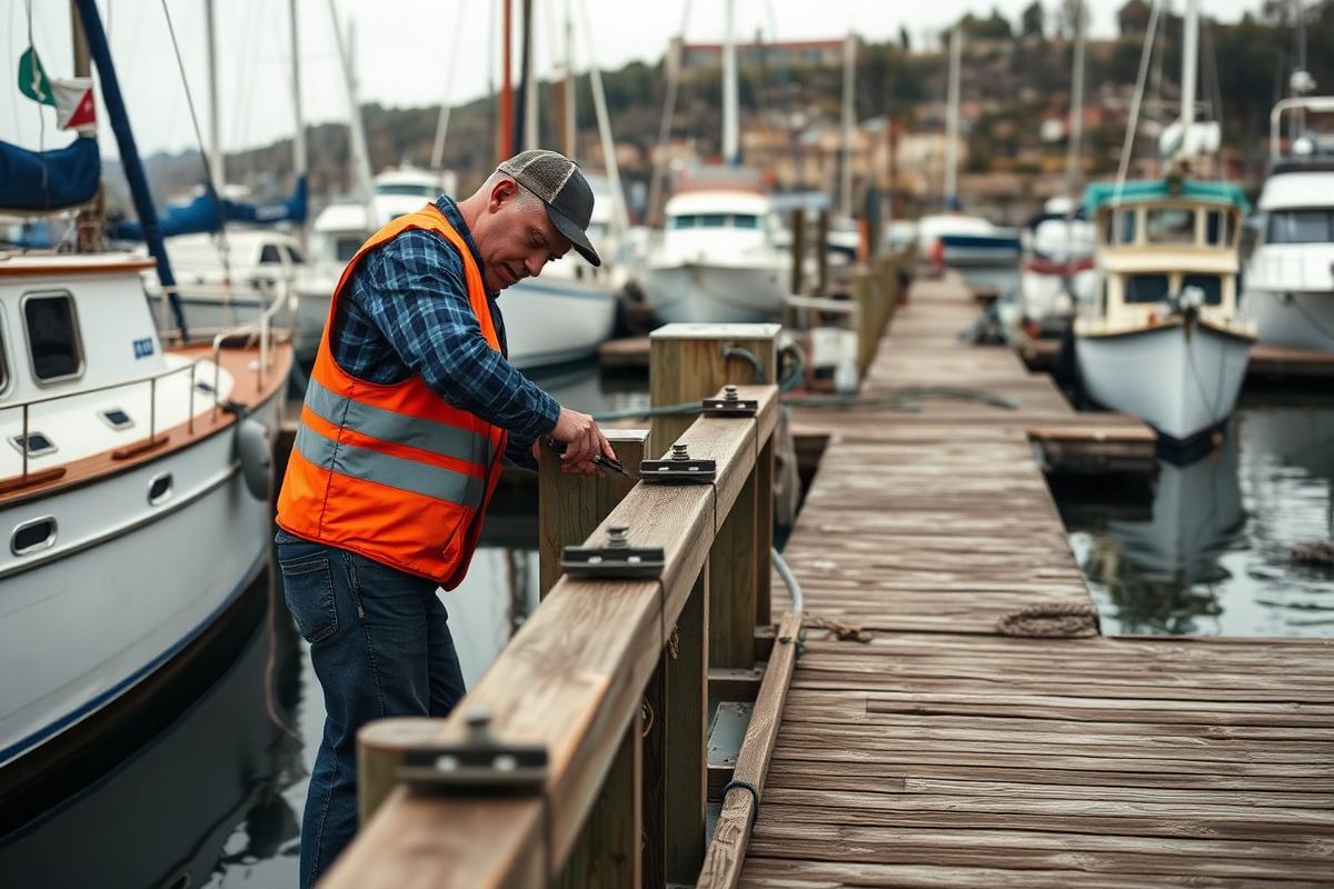 Maintenance worker repairing a dock bullrail at a small harbor