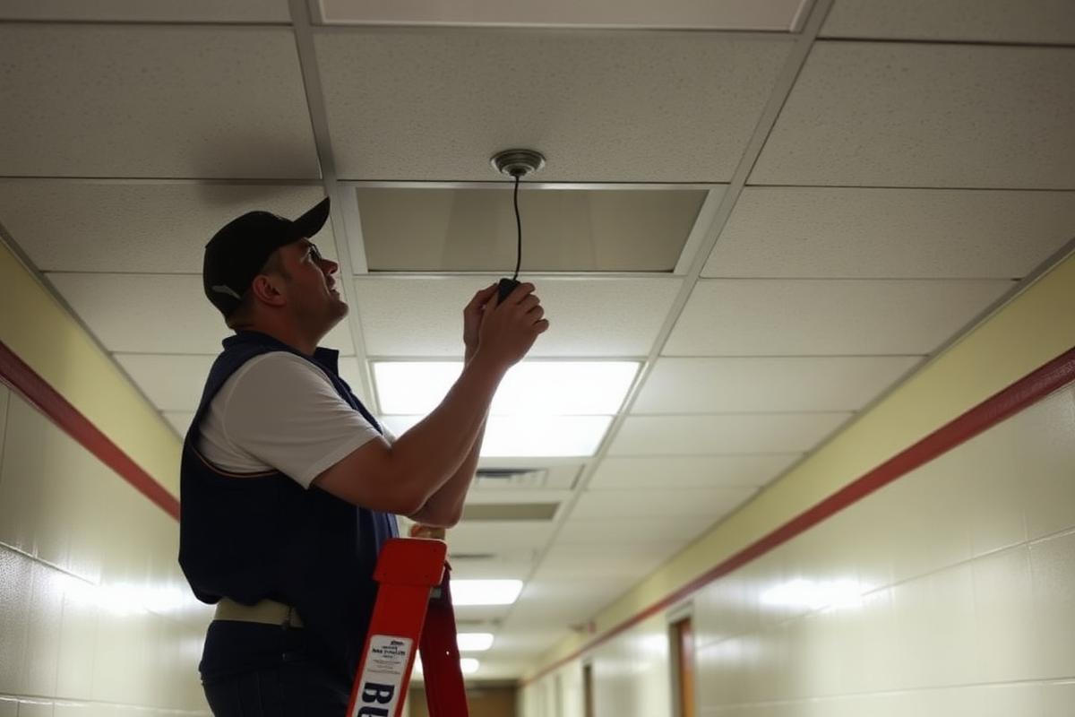 School maintenance technician replacing a hallway ceiling light
